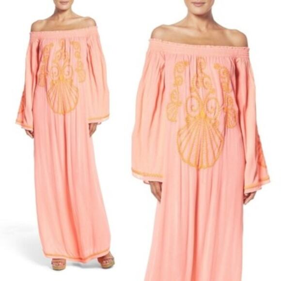 Lilly Pulitzer Nita Maxi Dress Off The Shoulder Guava Melon Beaded Size Small - Picture 2 of 11
